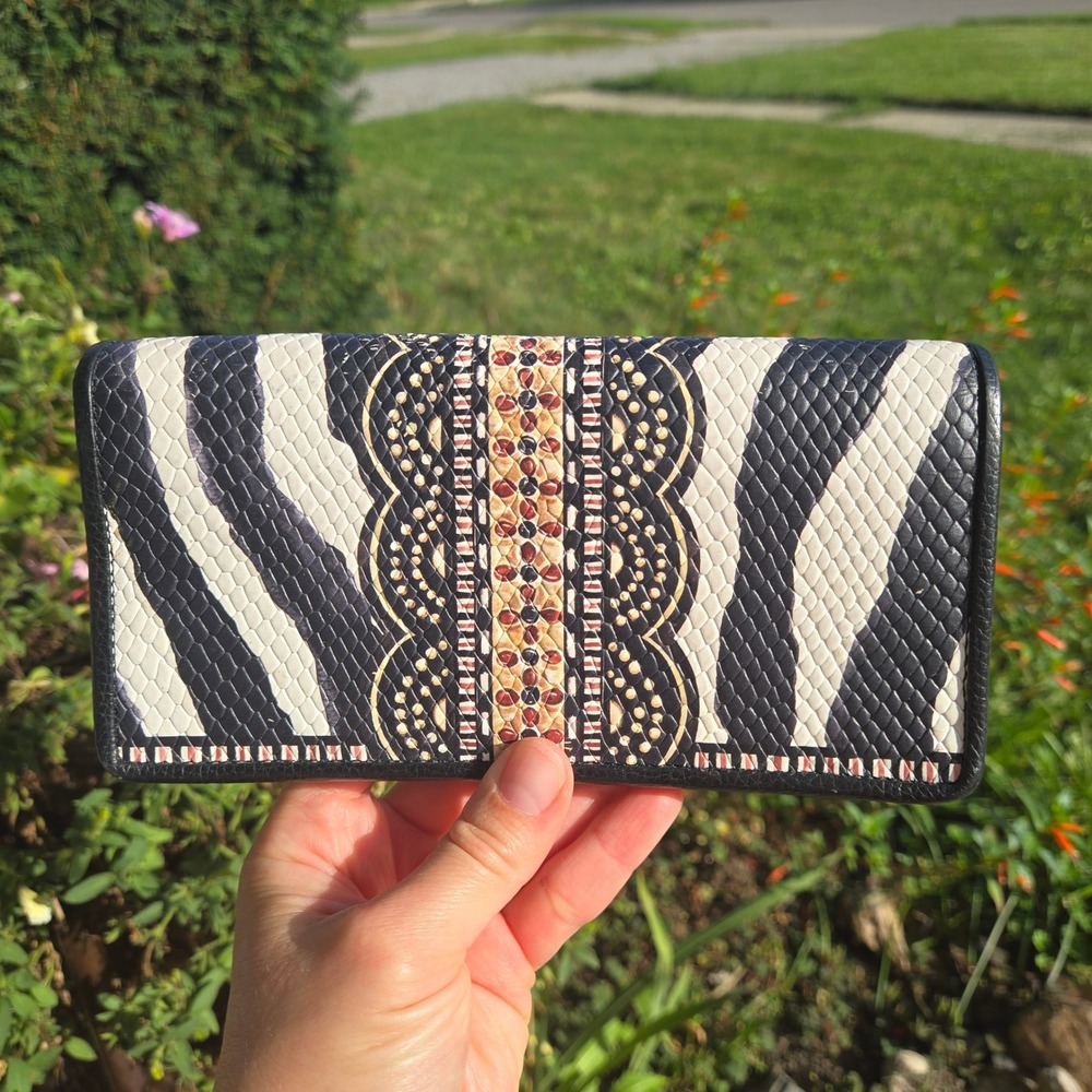 Brighton Africa Stories Zebra Print Tribal Long Continental Wallet Black White